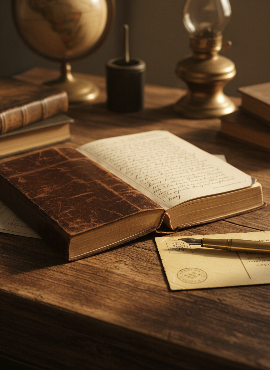 A well-worn leather-bound journal lying open on an aged wooden desk, its cream-colored pages filled with elegant handwritten lines and faint pencil notes in the margins. Beside it, a vintage brass fountain pen rests on a folded yellowing postcard marked with an old date stamp, hinting at a journey through time. Soft afternoon light filters through an unseen window, casting long, gentle shadows and a warm glow across the textured wood grain. The composition is shot at an eye-level angle with a shallow depth of field, so the foreground text is crisp while the background blurs into soft bokeh, creating a photographic realism that feels contemplative, professional, and slightly nostalgic, like stepping quietly into a private time tunnel of memories and reflections.