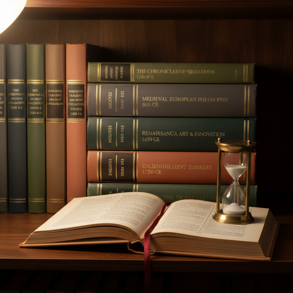 A stack of neatly arranged hardcover books in muted earth tones, their spines embossed with subtle gold titles and years, forming a vertical timeline on a dark walnut shelf. A single open book lies flat in front of the stack, revealing a printed page with a thin ribbon bookmark and a small brass hourglass placed delicately on the margin, grains of sand mid-fall. Warm, directional lamplight from the upper left creates pronounced highlights on the gold lettering and soft shadows between the books. Captured from a slightly elevated angle with sharp focus throughout, the scene has a calm, intellectual atmosphere, evoking professional research and thoughtful essays about different eras, presented in clean, photographic realism with a restrained, dignified color palette.